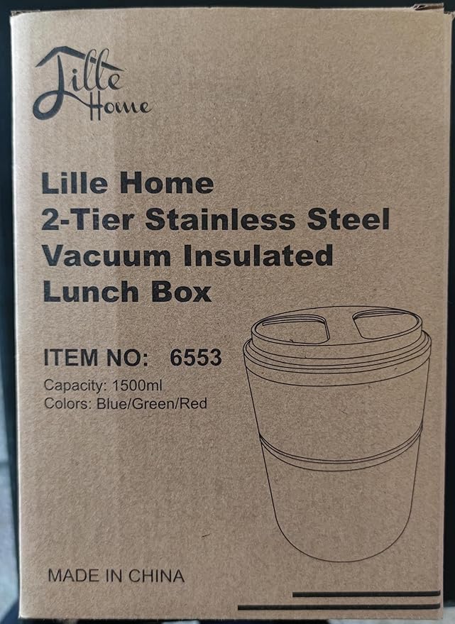 Lille Home 1500ml Thermos Food Flask, Vacuum Insulated Stackable Stainless Steel Thermal Lunch/Snack Box, 2-Tier Bento/Food Container with Lunch Bag (Blue)