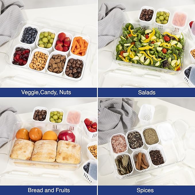 | Snackle Box Container, Divided Serving Tray with Lid & Handle - Microwave & Dishwasher safe - 8 Compartment Snack Organizer with 4 Regular & 4 Filter Cups for Travel, Picnic, Candy & Fruit