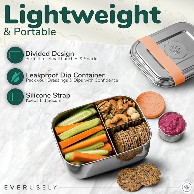 Everusely - Bento Box for Kids - Orange, 6.5x4.7 / 27oz - Stainless Steel Lunch Box w/Leakproof Condiment Container - 3 Compartment Snack Box for School, Office Meals - Freezer & Dishwasher Safe