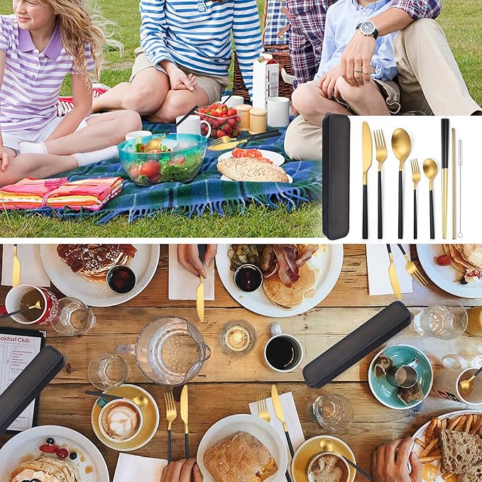 AARAINBOW 6 Pieces Stainless Steel Flatware Set Portable Reusable Cutlery Set Travel Utensils Set Including Chopsticks Knife Fork Spoon Straws Cleaning Brush Dishwasher Safe (B-Black golden)
