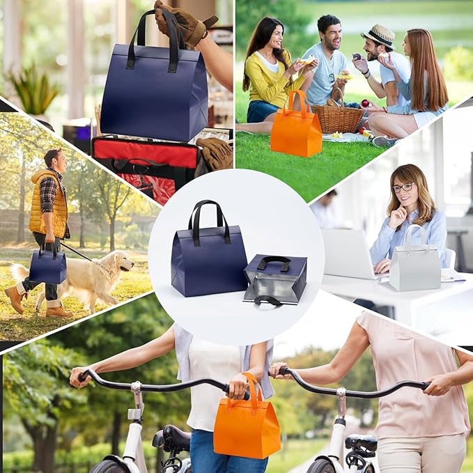 12 Pcs Insulated Take Away Bags, Disposable Lunch Bags For Food Takeaways, Coffee, Milk Tea, Seafood, Pizza, For Restaurants And Grocery Shops 9.5 x 6 x 10 In (Navy Blue)