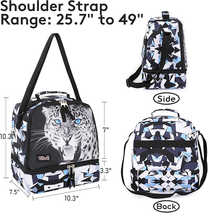 Tilami Lunch Bags Insulated Adjustable Strap Zipper, Water-Resistant Cooler Bags, Bento Bags for Kids Toddlers, Leopard Black