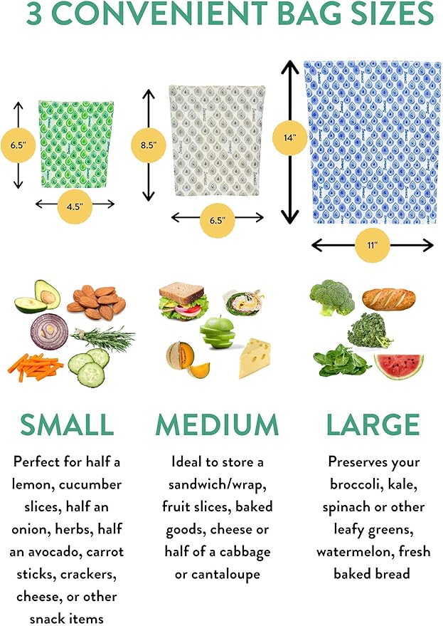 Beeswax Wrap Storage Bag by BeeBAGZ | Reusable Food Storage Bags, Pack of 3, Plastic Free Biodegradable Food Wrap Alternative, Lunch Pack, 2 Small + 1 Medium, (Green)