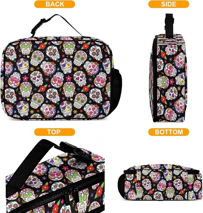 Day of the Dead Sugar Skull Reusable Lunch Box Insulated Lunch Bag Cooler Bag Lunchbox Meal Food Container Tote Bag for Women Kids Girls School Camping Hiking Picnic Beach Travel