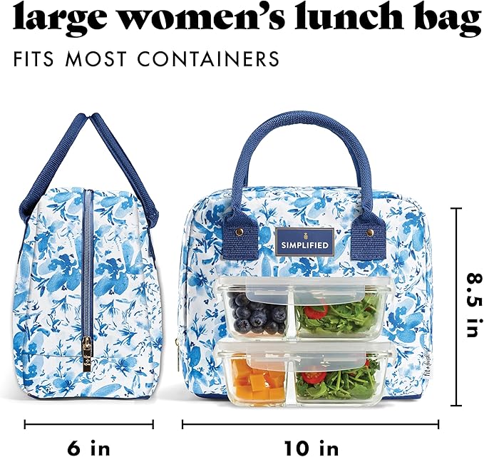 Fit & Fresh Lunch Bag For Women, Insulated Womens Lunch Bag For Work, Leakproof & Stain-Resistant Large Lunch Box For Women With Containers, Zipper Closure Bloomington Bag Blue Floral