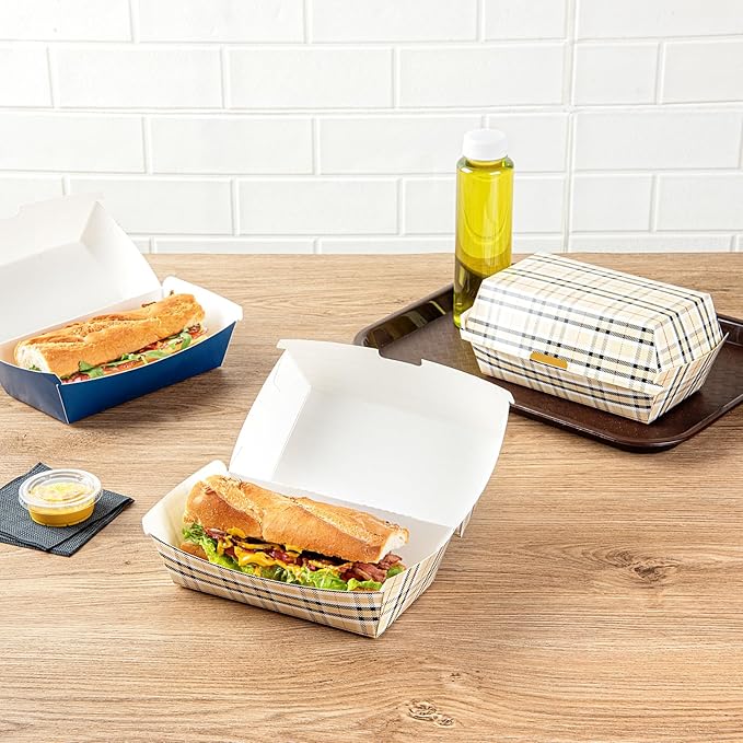 Restaurantware Bio Tek 6.7 x 3.5 x 3.5 Inch Clamshell Food Containers 100 Disposable Sandwich Containers - Hinged Lid Tab-Lock Closure Plaid Paper Hot Dog Containers Durable Greaseproof