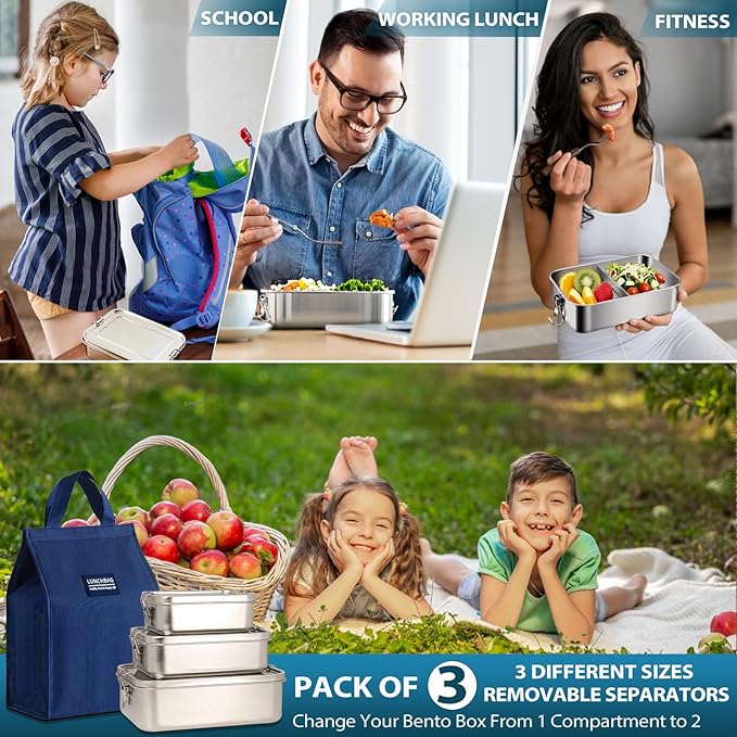 Stainless Steel Bento Box 3 Pack 304 Stainless Steel Lunch Box,Leak Proof Stainless Steel Food Containers With Lids(81oz/47oz/29oz) Stainless Steel Lunch Containers With 3 Compartments