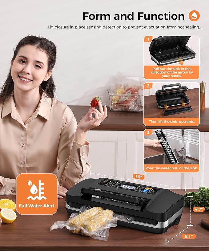 95kpa Vacuum Sealer Machine,Commercial Full Automatic Food Sealer,Powerful Sealing System with Double Heat Seal,Bags Storage, Easy-Lock Handle,Build-in Cutter,1 Bag Rolls & 10 pcs Pre-cut Bags(Silver)