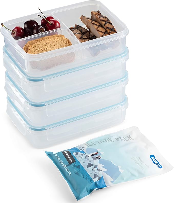 Komax Biokips Set of 5 Lunch Containers – 3 Compartment Food Container for Meal Prep, Portion Control – Microwave & Dishwasher Safe Bento Box Adult Lunch Container w/Locking Lid (37 oz)