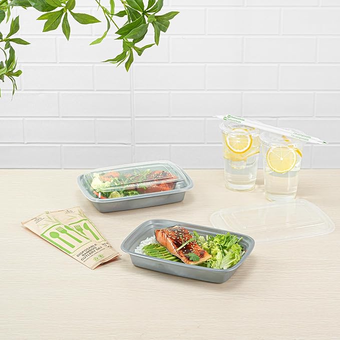 Restaurantware Asporto 28 Ounce Take Out Containers, 100 Food Containers With Lids - Microwavable, Disposable, Silver Plastic To Go Food Containers, No BPA, For Take Out And Delivery