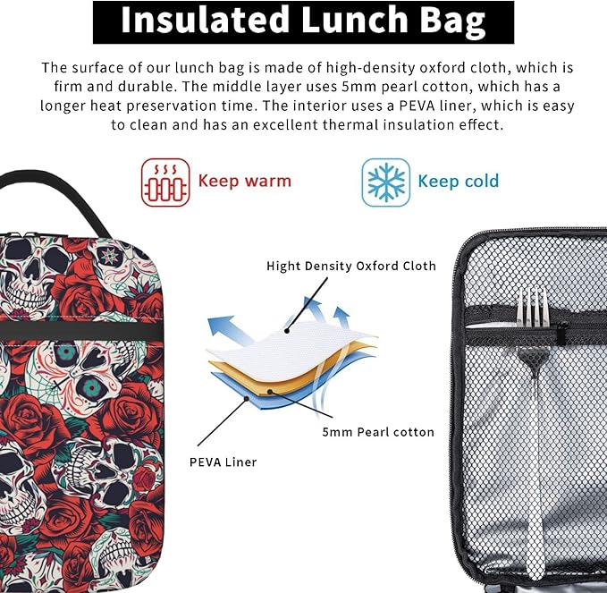 YETTA YANG Sugar Skull Rose Flower Portable Lunch Bag Insulated Lunch Box Reusable Totes For Women Men Work Picnic Camping