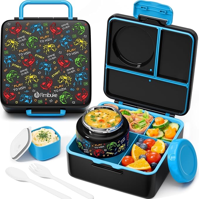 Fimibuke Bento Box for Kids with Thermos, 60OZ Bento Lunch Box Container with Leakproof 8OZ Insulated Food Jar, 3-4 Compartments, Sauce Jar, Utensils for Teens Toddler Adult, BPA-Free, Dishwasher Safe