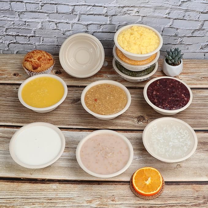 12 oz Round Disposable salad bowls with lids, Sugarcane Fiber Paper Bowls take away food containers Plant Fibers Freezer Safe 50 Pack