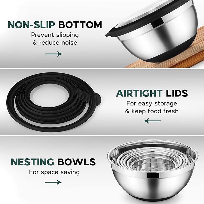 Mixing Bowls with Lids Set of 6 for Kitchen Stainless Steel Metal Nesting Bowls with Non-Slip Bottom Black - Size 1, 1.5, 2, 2.6, 3.5, 7QT
