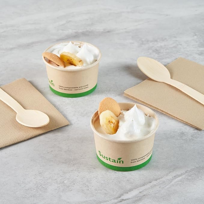 Restaurantware-Sustain 3 Ounce Paper Soup Containers, 50 Disposable Ice Cream Cups - Lids Sold Separately, With PLA lining, Bamboo To Go Hot Soup Bowls, Compostable, Greaseproof