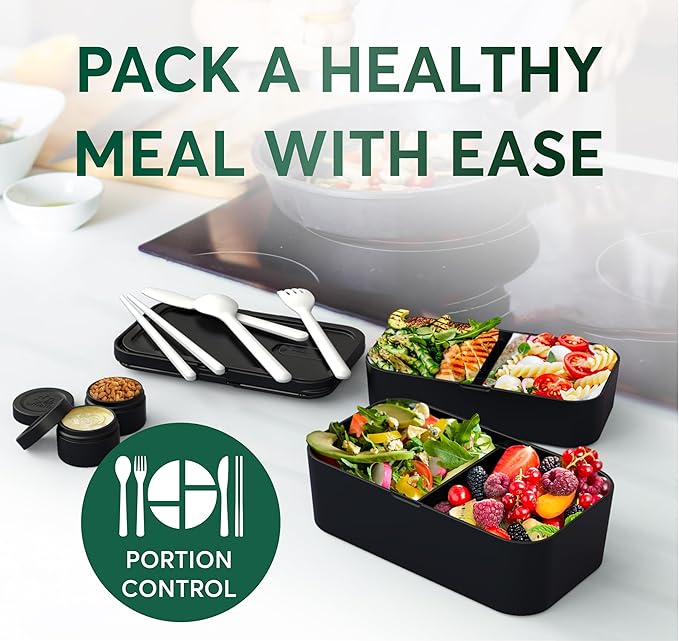 Umami Bento Box Adult All-in-1 w/ 4 Utensils, 100% Leakproof, Dishwasher & Microwave Safe Lunch Containers for Adults w/ 4 Compartments, Black & Tan, 50 oz