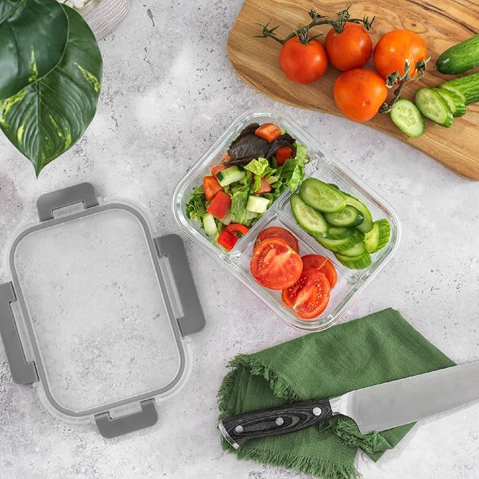 JoyJolt Divided Food Storage Containers with Lids Airtight. 5 Pack Glass Meal Prep Containers 3 Compartment Set Glass Bento Box. Reusable Food Containers, Portion Control Containers for Weight Loss