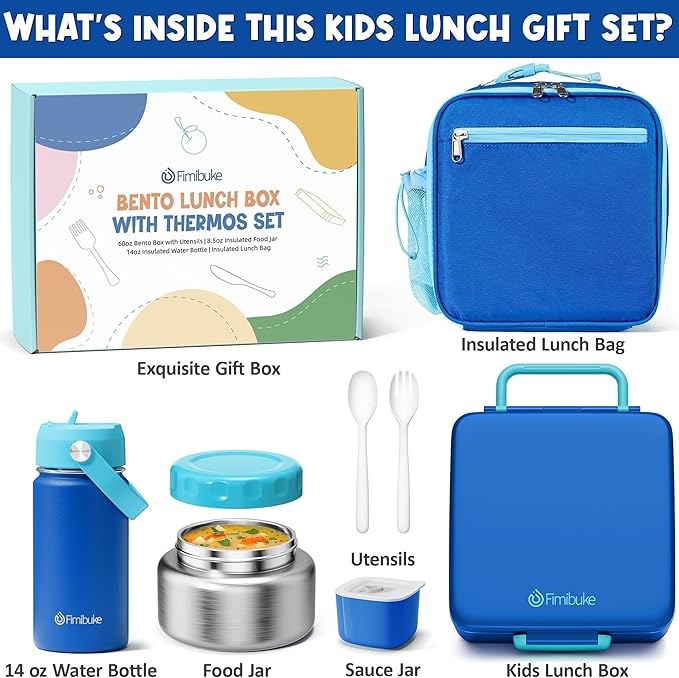 Fimibuke Bento Box for Kids Adult - Leakproof 3-4 Compartments Lunch Bento Box Set with Insulated Thermos Food Jar, Water Bottle, Lunch Bag, Sauce Cup & Cutlery for Toddler Teen Shcool Girl Boy Age 3+