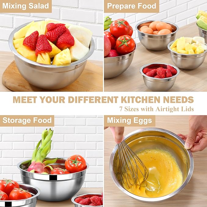 Mixing Bowls with Lids Set, 7 Piece Khaki Nesting Stainless Steel Mixing Bowls for Kitchen, Sizes 4.5, 4, 3.5, 2.1, 1.5, 1.1, 0.7 Qt for Baking, Cooking and Serving, Dishwasher Safe