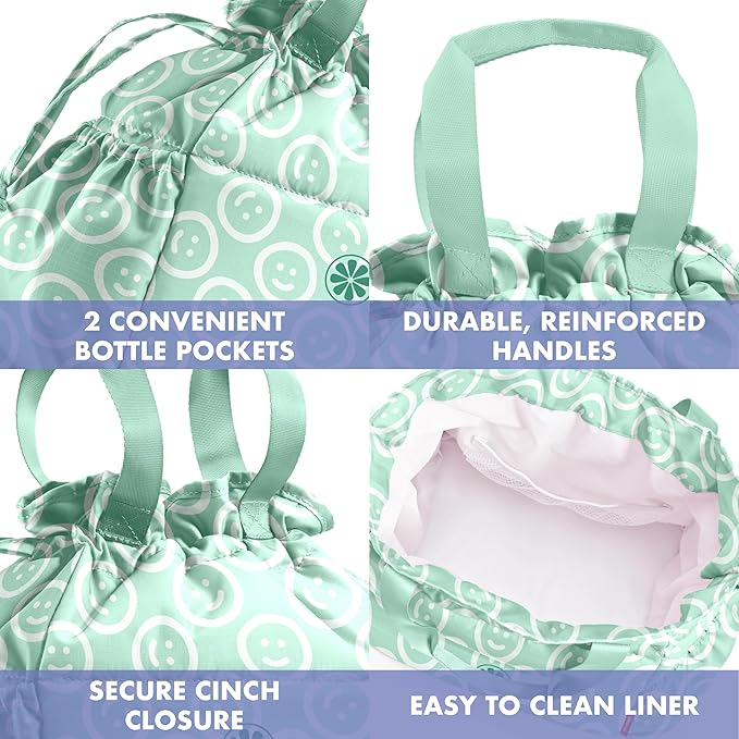 Fit & Fresh Lunch Bag For Women, Insulated Womens Lunch Bag For Work, Stain-Resistant Large Lunch Box For Women With Containers, Cinch Closure Cromwell Bag, All Smiles Mint