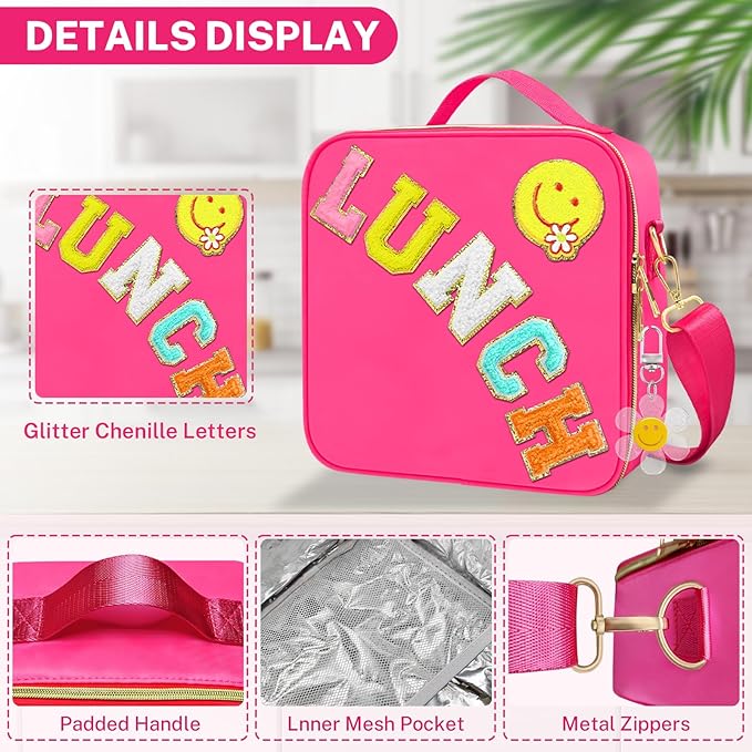 Lunch Box for Girls Women, Preppy Lunch Box for Teen Girls, Insulated Girls Lunch Bag for Kids, Large Reusable Cute Cooler Bag with Adjustable Shoulder Straps,Perfect for School Travel Picnic(Pink)