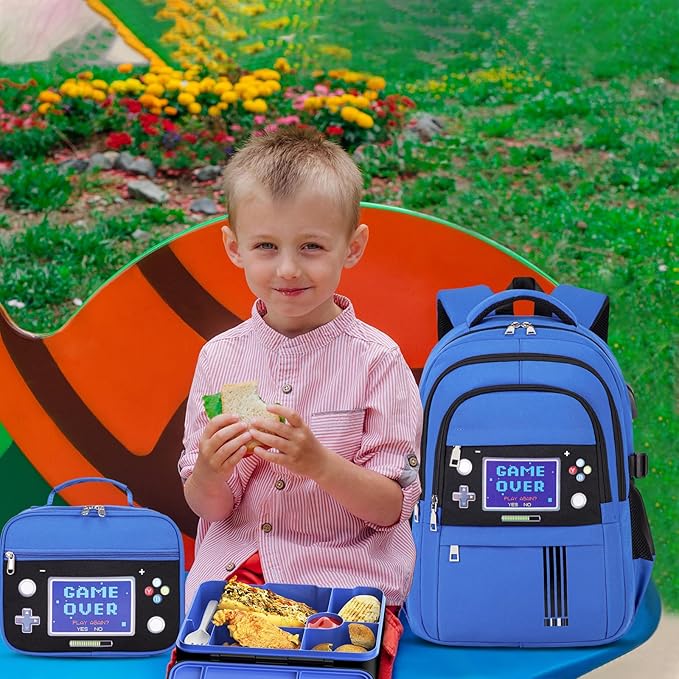 Boys Backpack - Luminous Game Bento Box with Insulated Lunch Bag Pencil Case & Utensils Set for Kids, 6 Leakproof Compartments Removable Tray Lunches or Snack Container (Blue Game Screen)