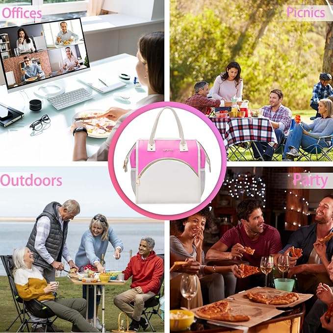 LOKASS Lunch Bag Women Insulated Lunch Box, Wide-Open Lunch Tote Bag Leak-proof Cooler Bag for Work Picnic-(Neon Pink)