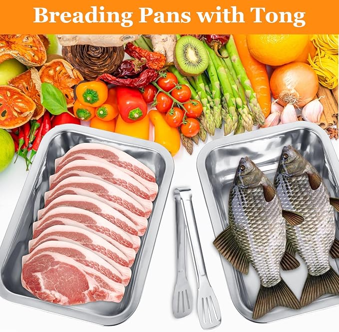 4 Pcs Breading Pans with Tong, Stainless Steel Breading Trays, High Sided Food Prep Trays for Preparing Schnitzel, Panko, Bread (10.63 x 7.87 x 2.75 Inches)