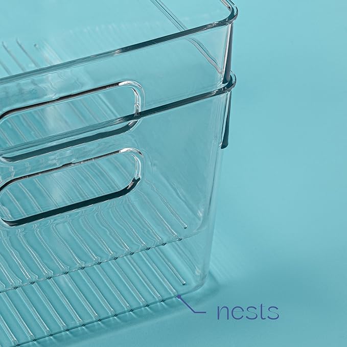 Plastic Food Storage 2 Pack Clear Container Bin with Handles for Organizing Kitchen, Pantry, Refrigerator, Freezer, Pantry, Cabinet, Closet, Bathroom. 10”x7.5”x5.3”