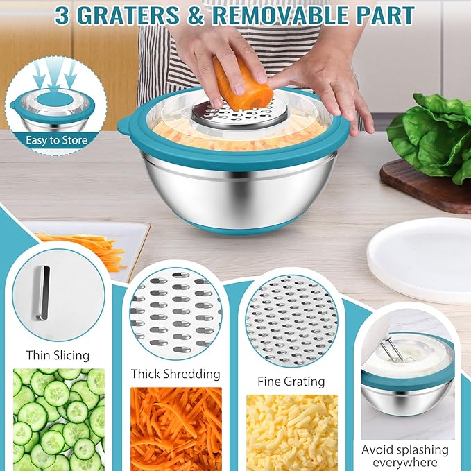 P&P CHEF 4-In-1 Stainless Steel Colander with Bowl Set, Rotatable Strainers for Kitchen, Fruit Cleaner, Washing Fruit & Draining Pasta, Mixing Bowl and Lid with Grater for Salad, Blue