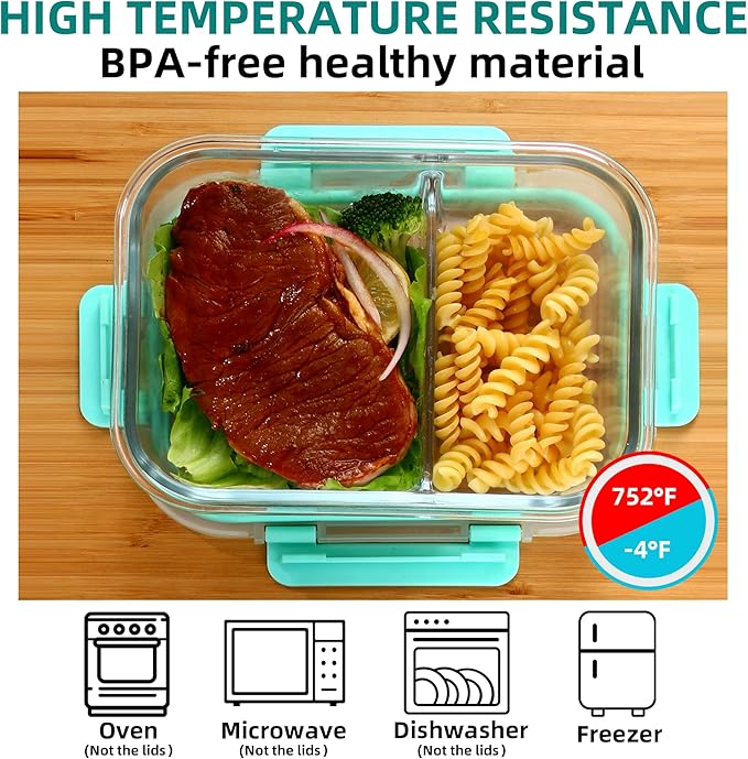 Glass Meal Prep Containers 2 Compartment with Lids (5 Pack, 36oz), Divided Glass Storage Containers for Lunch at Work, Leak-Proof Portion Control Food Containers, Microwave / Dishwasher Safe