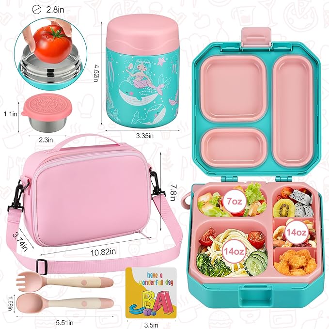 Bento Lunch Box for Kids with 12oz Soup Thermo Leak-Proof Lunch Food Container with 5 Compartment Thermo Hot Food Jar and Insulated Lunch Bag for Kid Toddler Girls Boys to School