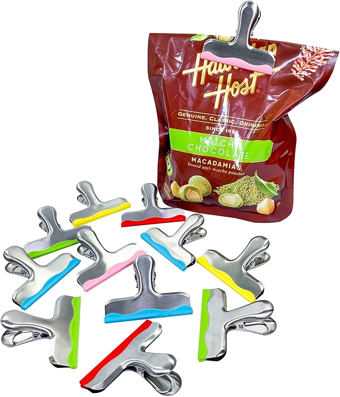 12 Pack Metal Chip Clips with Silicone Edges – Heavy Duty Bag Clips for Food Packages, Kitchen, Office – Color Coded, Air Tight Extra Strong Clamps, 3 Inches Wide (12)