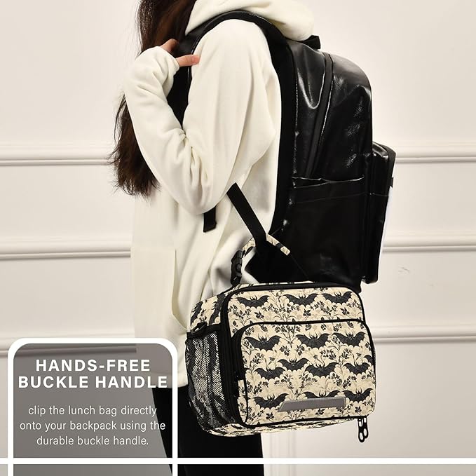 MNSRUU Student Lunch Bag Bats and Flowers Vintage Insulated DinnerTotes Picnic Bag Lunch Box with Adjustable Shoulder Strap for Teen Kids Adults