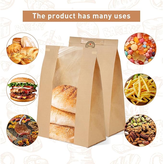 120 Pack Bread Bags for Homemade Bread Sourdough Bread Bags with Tin Tie Tab Lock, Kraft Paper Bread Loaf Bag with Window and Label Seal Stickers for Baked Food Packaging Storage (13.7''x8.2''x3.5'')