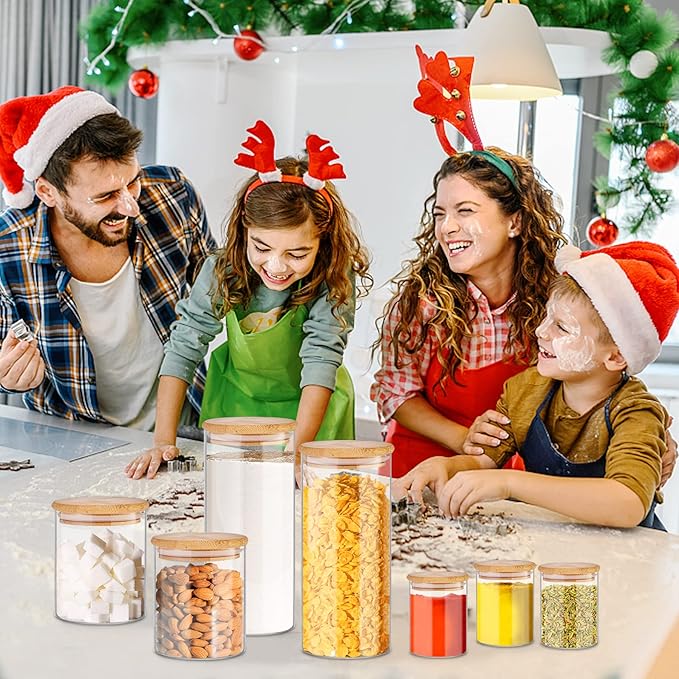 SLifeJars Glass Jars with Bamboo Lids 8pcs Mixed Sizes, Glass Food Storage Jars for Kitchen, Glass Storage Jars with Bamboo Lids, Stackable Food Storage Containers for Herbs, Rice, Pasta, etc.