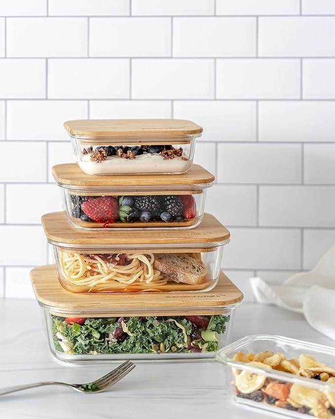 Glass Containers with Lids | Non Plastic Glassware Set - Natural Raw Organic Wooden Bamboo Lids | Set of 4 | Reusable, BPA Free | Perfect for Meal Prep, Lunch, Leftovers, Kitchen