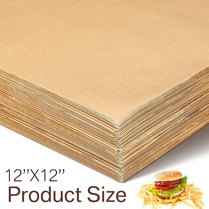 1000 Sheets Wax Deli Paper Sheets for Food 12 x 12 Inch Checkered Dry Waxed Deli Basket Liners for Sandwich Wrapping, Food Basket Liners, Picnic party(Kraft)