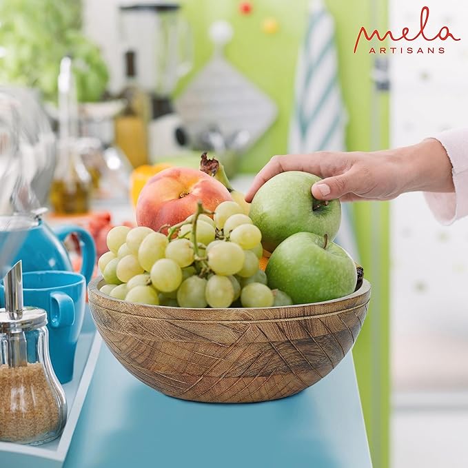 Mela Artisans 12'' Wooden Fruit Bowl, Large Serving Bowl for Salads, Cereals, Snacks & Mixing | Decorative Bowls for Kitchen | Jai Valley Collection