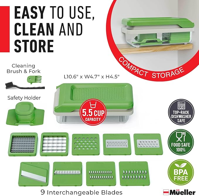 Mueller Vegetable Chopper 9 Blade, Mandoline Slicer, Food Veggie Chopper, Cheese Grater, Onion Vegetable Cutter with Container, Dicer, Kitchen Gadgets & Essentials, White Sand/Green