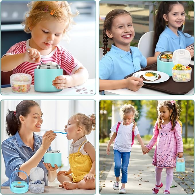 2-In-1 Soup Thermo for Hot Food Kids, 15 Oz Insulated Food Container and a Snack Box, Wide Mouth, Leak Proof, Stainless Steel Spoon, Dishwasher Safe Food Thermo Set for School, Work,Tiffany Blue