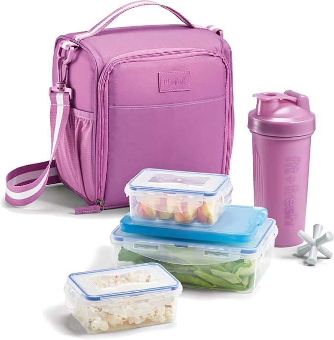 Fit & Fresh BREE Meal Prep Lunch Box With Containers, Ice Pack, and Shaker Bottle For Men and Women, 6pc. Meal Prep Kit Lunch Bag With Containers Included, Mauve