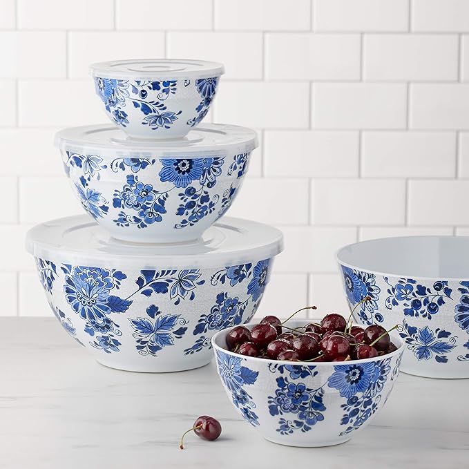 Amazon Basics Nesting Melamine Mixing Round Bowl with Lid and Non-Slip Base, 5 Sizes, Blue and White Floral, Set of 10, 4 quarts, 3 15/16",7 9/16",8 7/8",10",11 1/4"