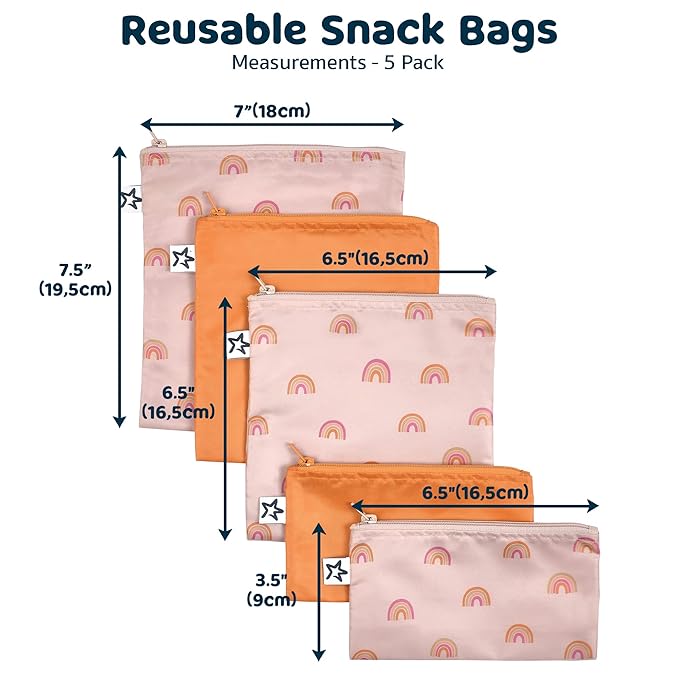 Tiny Twinkle 5 Pack Reusable Snack Bags - Machine Washable, PFAS, PVC, BPA, Phthalate-Free Reusable Baby and Toddler Food Safe Snack Bags (Boho Rainbow)