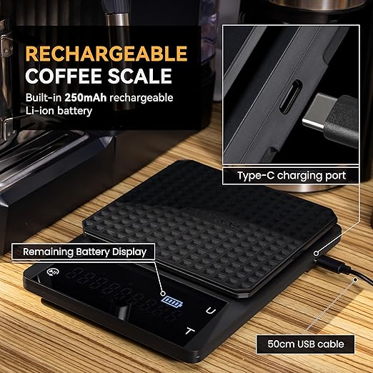 bemece 0.1g Precision Coffee Scale with Timer, Digital Espresso Scale with Back-Lit LCD Display, IPX6 Waterproof Drip Espresso Scale, 3 Units of Measurement for Espresso, French Press, Kitchen Use