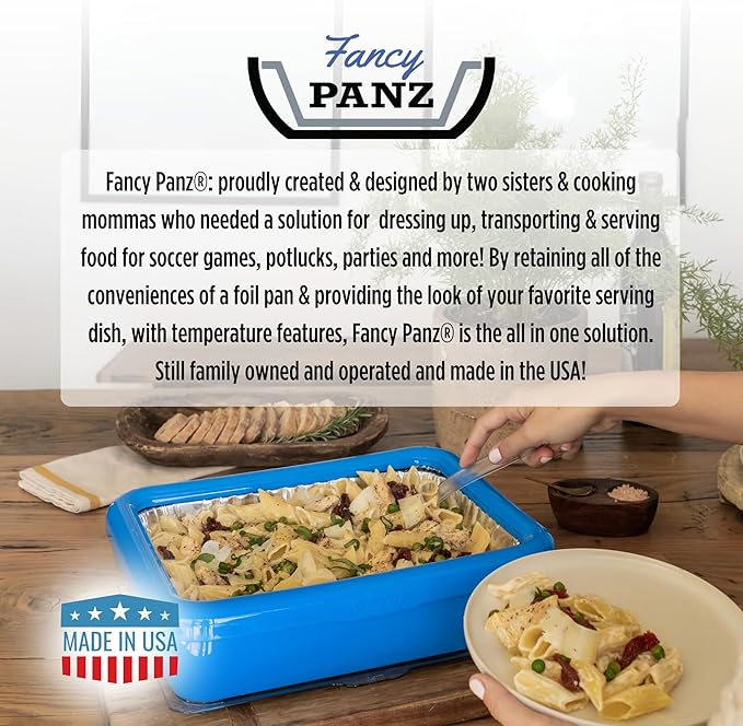 Fancy Panz Premium, Serving Tray for Food, Made in The USA Foil Pan Carrier, Stackable Aluminum Pan Holders, Travel Casserole Carrier, Blue Marble