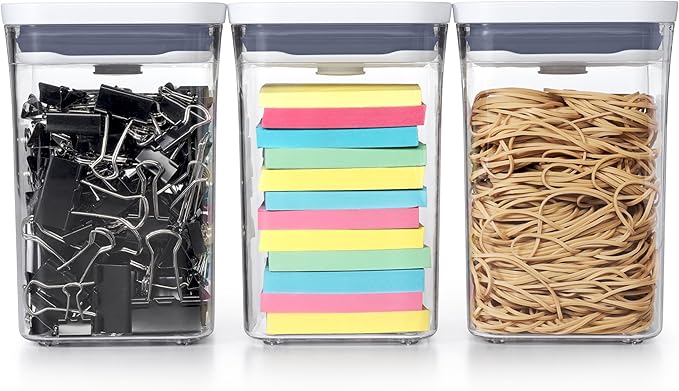 OXO Good Grips 3-PC Small Square Short POP Container Set, White,Grey