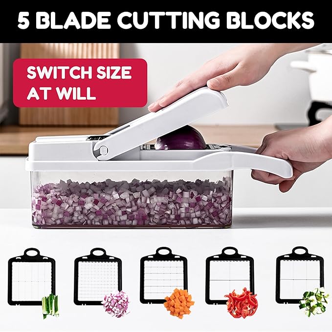 Vegetable Chopper,25 in 1 Multifunctional Food Chopper with Container,Kitchen Vegetable Slicer Dicer Cutter,Veggie Chopper Fruit Salad Potato,13 Blade Stainles Steel Blades(White)