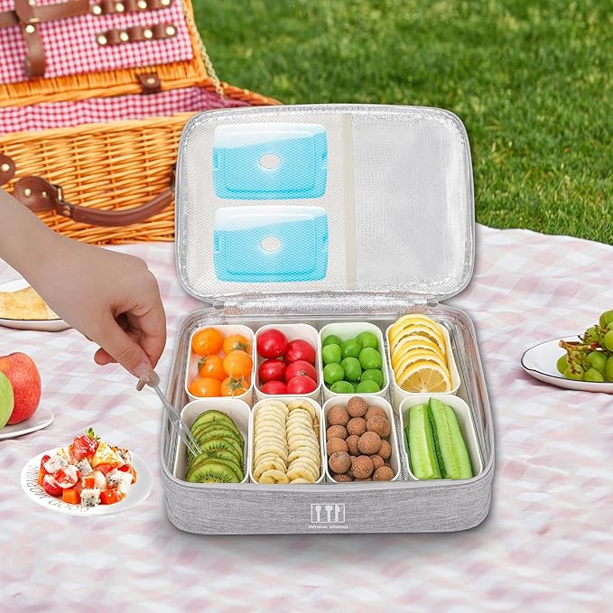 Snack Box Container with Insulated Cooler Bag, Divided Serving Tray with Lid and Handle Beach Essentials, Snackle Box Veggie Fruit Tray with 8 Compartments & 8 Forks & 2 Spoon