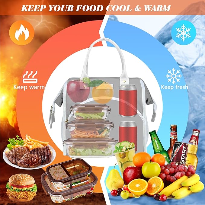 LOKASS Lunch Bag Women Insulated Lunch Box Wide-Open Lunch Tote Bag Large Waterproof Cooler Bag for Work Picnic Hiking Beach(Gray)